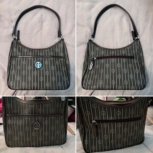 GIANI BERNINI Signature Striped Shoulder Bag Brown Olive/Khaki Gold Emblem NWOT